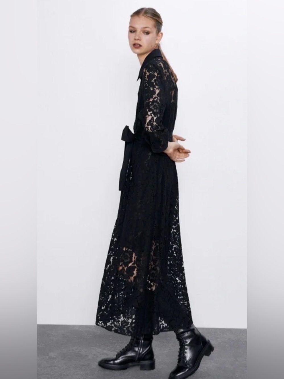ZARA Black Lace Belted Shirt Dress Sz Small - Picture 9 of 9